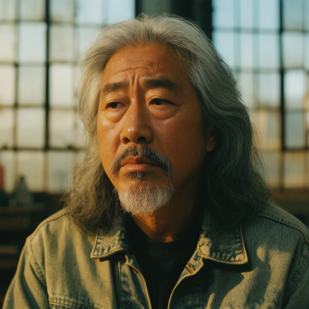 close-up portrait of an older East Asian man with long grey hair, contemplative frown, faded denim jacket, cinematic warm side-lighting, blurred industrial window background, 90s film aesthetic, shallow depth of field