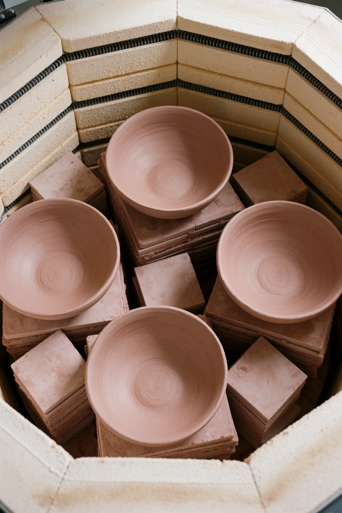Unfired dusty pink clay pottery tightly packed inside a top-loading kiln, four round bowls nestled among dense stacks of flat square tiles, octagonal beige firebrick walls with heating element grooves, soft diffused lighting, matte earthy textures, overhead perspective