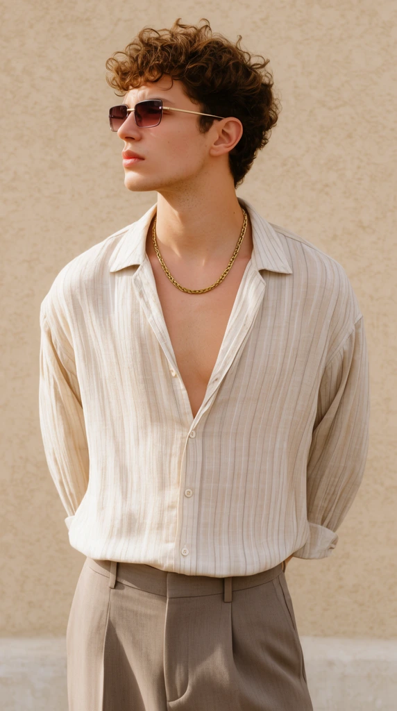 young man looking left, curly brown hair, rectangular tinted sunglasses, gold chain, loose light beige striped shirt unbuttoned at chest, taupe trousers, hands behind back, textured beige wall background, warm daylight