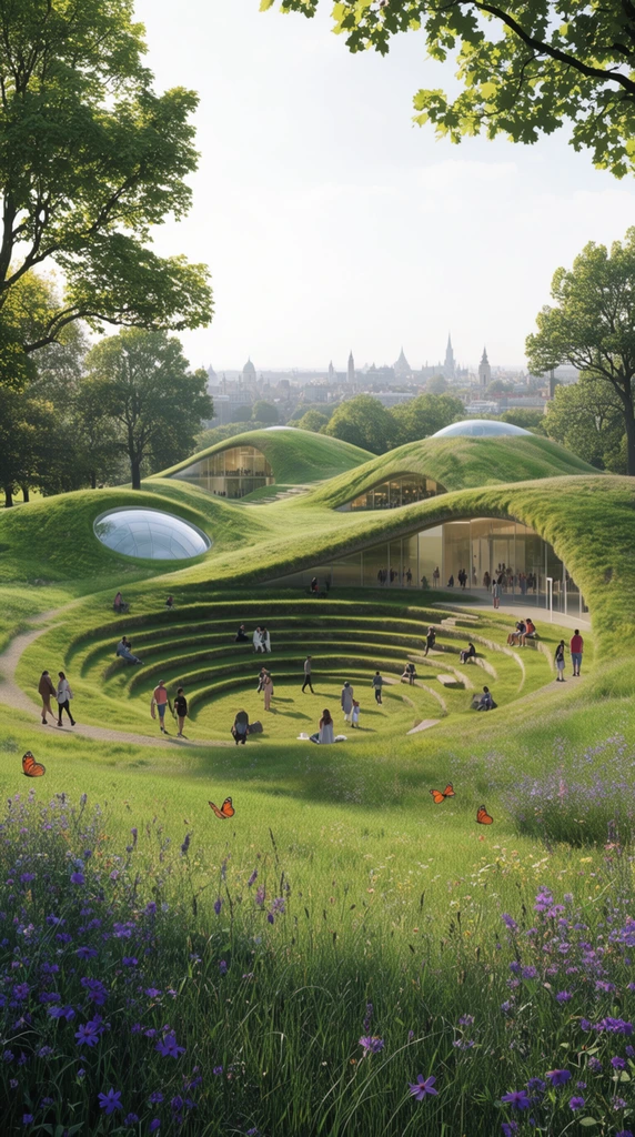 utopian landscape architecture rendering, undulating grassy hills concealing subterranean glass buildings, recessed terraced amphitheater, embedded glass dome, people walking and relaxing, foreground lush grass with purple wildflowers and orange butterflies, mature trees, hazy historic city skyline in the distance, bright daylight, vivid green palette