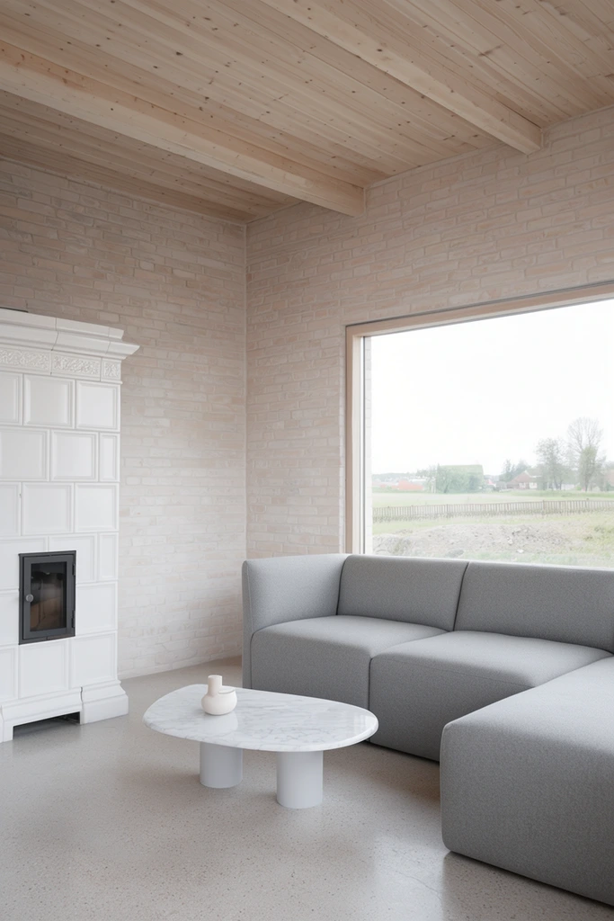 Minimalist living room, grey L-shaped sofa, low marble table, white tiled stove, pale wood ceiling, light brick walls, large window showing rural landscape, soft natural light