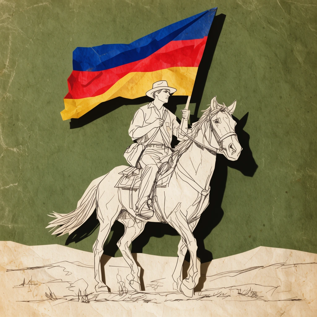 paper cutout line art of a man on horseback, holding a waving blue red and yellow flag, stark drop shadows against an olive green backdrop, vintage distressed paper texture, minimalist sketched desert ground
