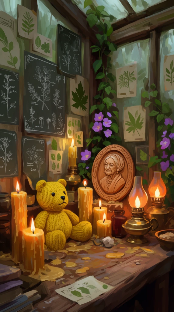 cluttered makeshift shrine in a rustic greenhouse, yellow stuffed knitted bear sitting among thick melted beeswax candles, carved wooden cameo portrait of an elderly woman, glowing brass oil lamps casting warm orange light, climbing vines with purple blossoms, walls covered in white chalk botanical diagrams and green leaf prints, rich earthy tones, warm dramatic lighting, detailed environmental storytelling, soft expressive digital brushstrokes