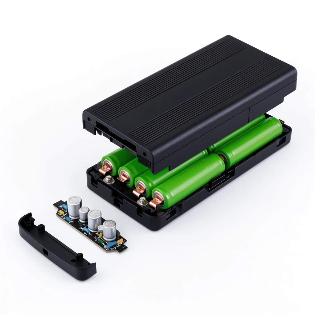 Exploded studio view of a disassembled black battery pack on a pure white background. A ribbed matte casing rests above an internal chassis holding bright green cylindrical batteries with copper terminals. A small exposed circuit board with silver capacitors and a detached end cap sit to the left in this clean high-contrast industrial product photography.