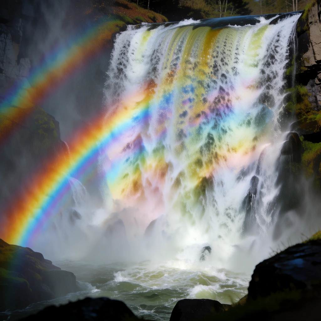 A wide waterfall cascading down a rocky cliff face, partially obscured by mist. The water pours over the edge in a thick, textured sheet, crashing into a turbulent pool at the base. A brilliant, vivid double rainbow arcs across the left side of the scene, its colors refracting through the dense spray, casting iridescent hues onto the tumbling water itself. Dark, mossy rocks flank the waterfall on both sides and frame the bottom foreground. The lighting highlights the texture of the falling water and the vibrant spectrum of the rainbows against the shadowed rock formations.