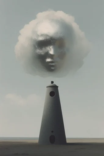 Minimalist Magrittean Dreamscape style reference image — obscured figure