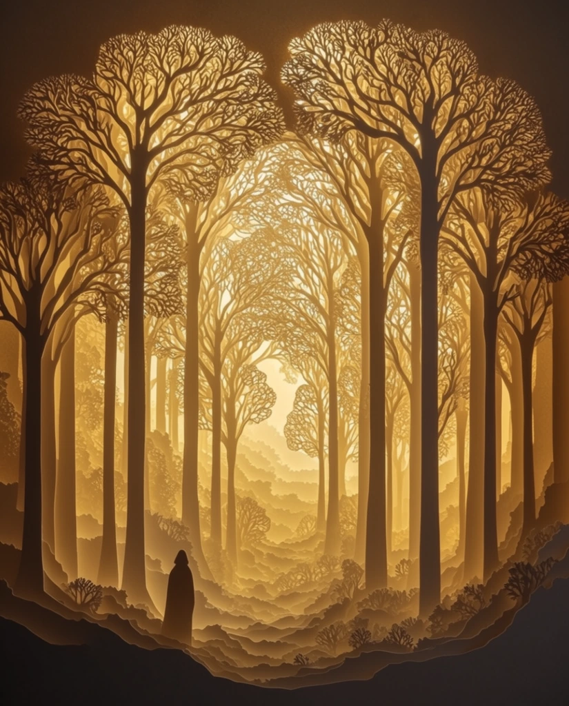 A backlit layered paper cutout diorama features a silhouetted figure standing before a towering, cathedral-like forest. The tall, straight tree trunks branch into intricate, lace-like fractal canopies that intertwine to form grand archways. A small, cloaked wanderer in the lower left foreground is dwarfed by the massive woods. Overlapping layers of undulating terrain recede into a deeply glowing background. The scene utilizes a monochromatic gold and dark brown palette, leveraging intense warm yellow backlighting to establish profound three-dimensional depth. Crisp dark foreground silhouettes contrast against progressively lighter, meticulously carved background layers.