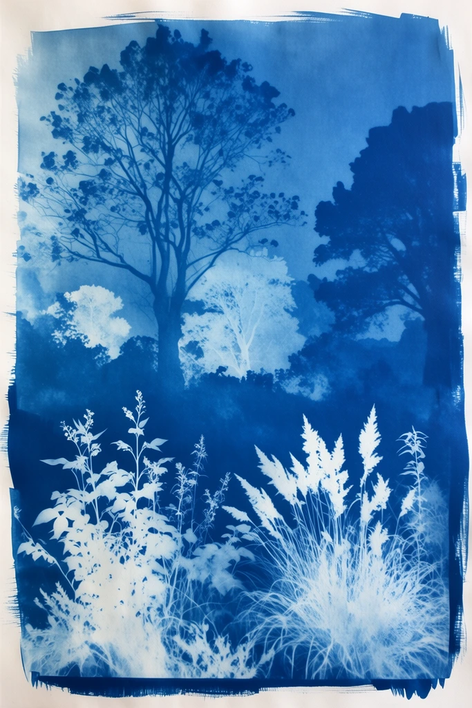 Ethereal Botanical Cyanotypes style AI image example 2
