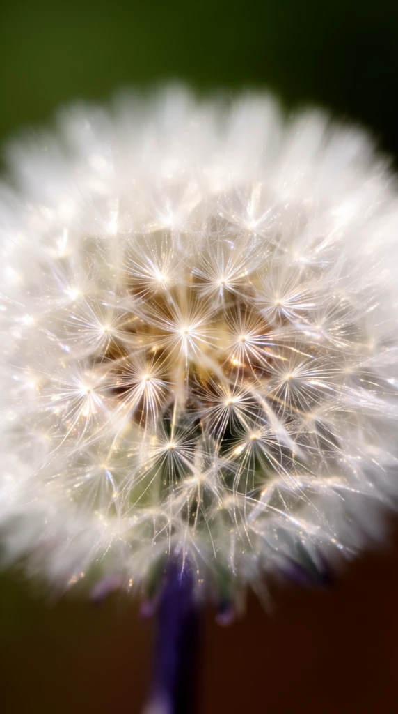Extreme macro close-up of a white dandelion seed head, perfect spherical geometry, intricate web of translucent seed parachutes, glowing starburst highlights catching bright sunlight on the inner stems, ultra-fine feathery texture, hint of a dark purple stem at the bottom base, extremely shallow depth of field, soft ethereal halo effect, smooth blurred background transitioning from dark green to deep earthy brown, sharp focus on central radiating seeds fading into creamy bokeh edges