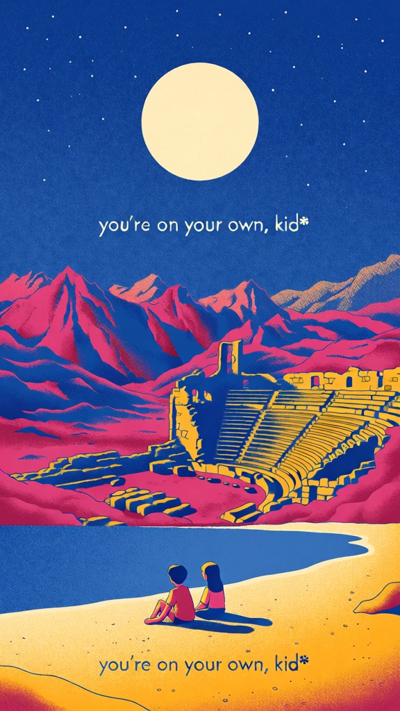 minimalist graphic digital illustration, high-contrast tri-tone palette of cobalt blue, magenta, and golden yellow, boy and girl on stippled sand facing water, ruins of an ancient amphitheater and jagged mountains, large moon and starry sky, sharp directional lighting with deep magenta shadows and bright yellow highlights, dense pointillist stippled grain texture, clean sans-serif typography reading "you're on your own, kid*" integrated into the composition