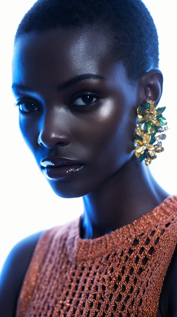 close-up editorial portrait of a dark-skinned woman with a buzz cut, intense direct gaze, glossy lips, smooth radiant skin with specular highlights, wearing a metallic copper open-knit sleeveless top, intricate gold and green floral statement earring, striking cool blue rim lighting on the left side of her face and neck, bright white high-key background, shallow depth of field, high-fashion beauty photography, cinematic lighting