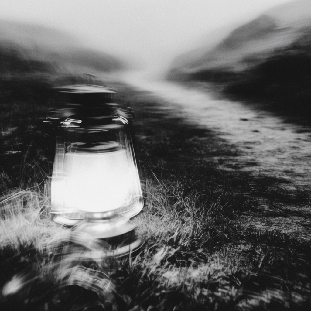 A high-contrast, black-and-white photograph with severe motion blur depicts a glowing lantern on grass in the left foreground and a dirt path curving into fog between distant hills. Intense camera shake and long-exposure effects warp the entire scene into sweeping streaks and ghosted outlines. The lantern creates blown-out, smeared white highlights against the coarse-grained, dark grass. The background hills and path dissolve into abstract horizontal smears of gray and white. Heavy film grain and stark monochrome tones strip away fine details, leaving chaotic light trails and deep shadows.