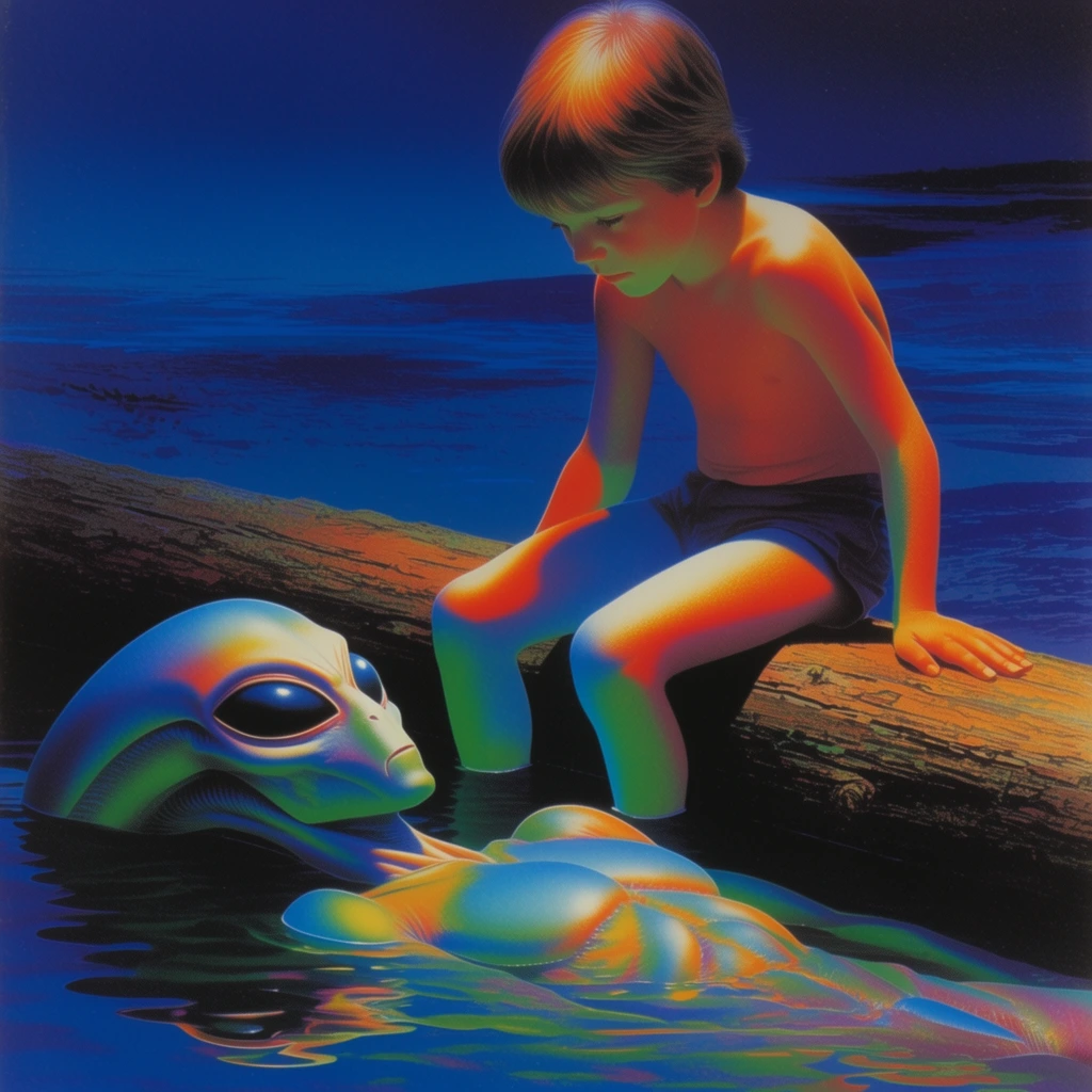 A boy sitting on a rough-hewn log gazes down at an alien partially submerged in dark water, rendered in a highly saturated 1980s surrealist airbrush illustration style. The boy and the log dominate the foreground, illuminated by extreme, theatrical side-lighting that casts luminous gradients of neon orange, cyan, and lime green across their surfaces. Below, the alien's distinct anatomical features ripple through the water, catching the same vivid, iridescent underlighting. The surrounding water and background consist of deep ultramarine and cobalt blues, forming a twilight environment that creates harsh color-blocked contrast against the hyper-vibrant foreground subjects. The image exhibits smooth, velvety color transitions, crisp edges, and a fine stippled texture characteristic of vintage science fiction paperback art, with intense glowing highlights defining the forms against the deep, shadowed background.