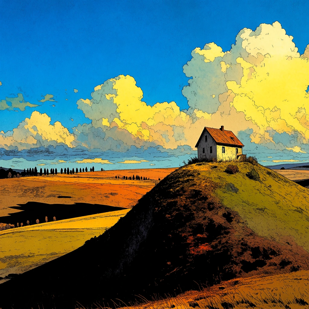 a house on a hill overlooking rolling plains, graphic illustration style, high contrast lighting, painterly texture, low-angle dramatic composition, vibrant azure blue sky, fluffy white and yellow cumulus clouds, deep black shadows, moebius-inspired aesthetic, ghibli-esque color palette, bold ink outlines, flat colors mixed with organic brushstrokes, cinematic scale, minimalist silhouettes, vintage fantasy concept art feel, stark highlights, textured highlights, 70s comic book aesthetic.