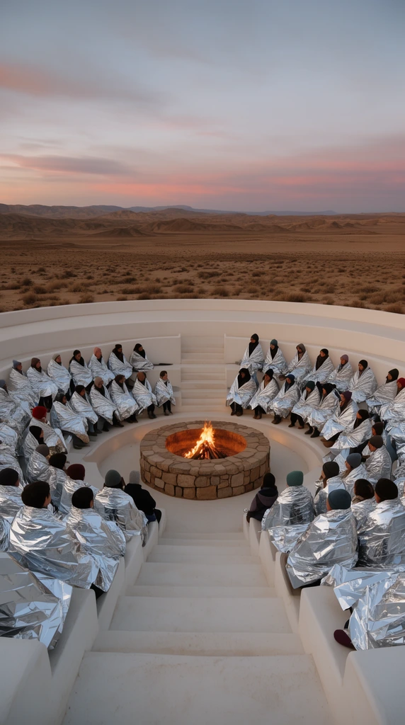 crowd seated in a white sunken amphitheater, glowing stone fire pit, figures wrapped in silver thermal blankets, vast arid desert landscape at twilight, symmetrical wide shot