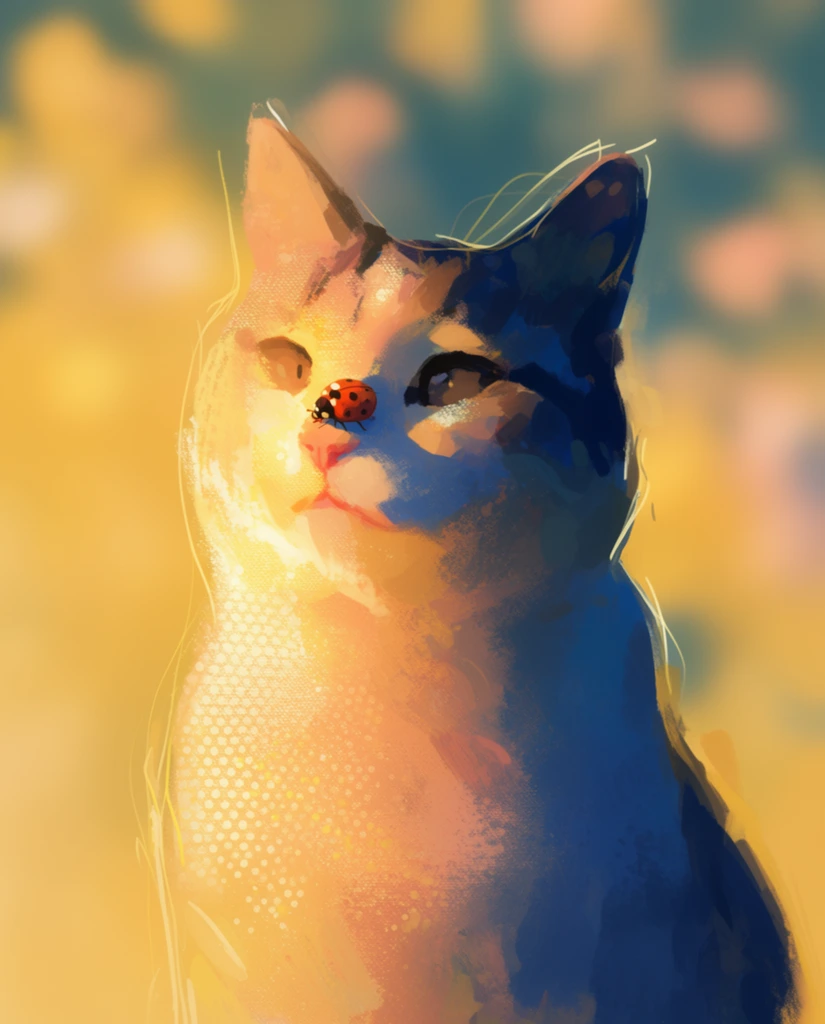 A single cat with a ladybug resting on its nose occupies the center of the composition, rendered in an expressive, sun-drenched digital painting style with loose brushwork. Strong, warm directional sunlight from the left washes over the cat, creating a luminous, glowing highlight in bright golden-yellows and soft peaches. The illuminated left side features a distinctive, textured stippling effect of visible pale dots, simulating a coarse canvas or artistic halftone texture. The right side of the cat and the shadows fall into deep, dramatic contrast, painted with rich, painterly strokes of navy and indigo blues. The tiny ladybug on the cat's nose is depicted with soft, deliberate dabs of color catching a subtle glint of the warm light. Delicate, loose sketch lines in light yellow and white trace select edges of the cat's form, adding an illustrative, drawn quality to the thick painted layers. The heavily blurred background has a shallow depth of field, composed of abstract, soft-edged, out-of-focus patches of golden yellow, muted teal, and soft peach, creating an ethereal, glowing atmosphere.