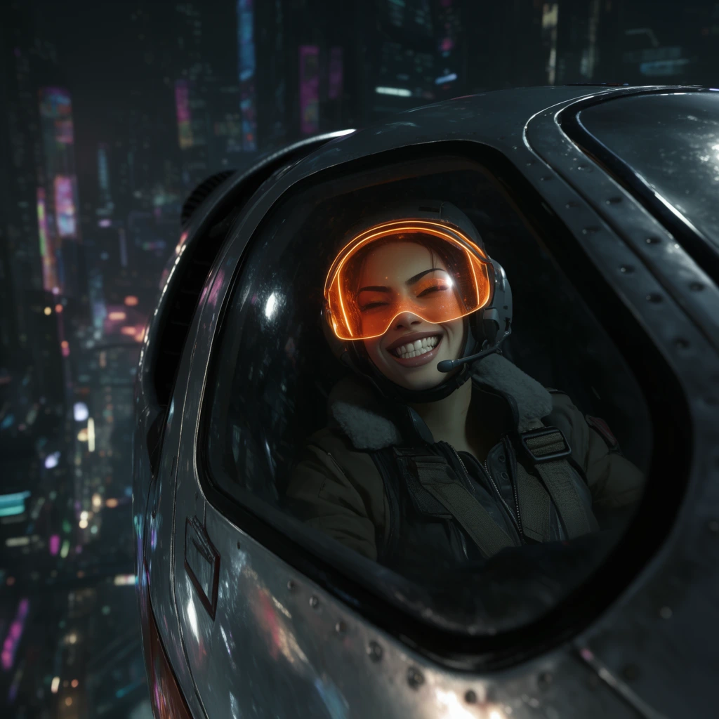 grinning female pilot, glowing orange visor, seen through the window of a silver hovercraft, soaring above a neon cyberpunk city at night, dark cinematic lighting