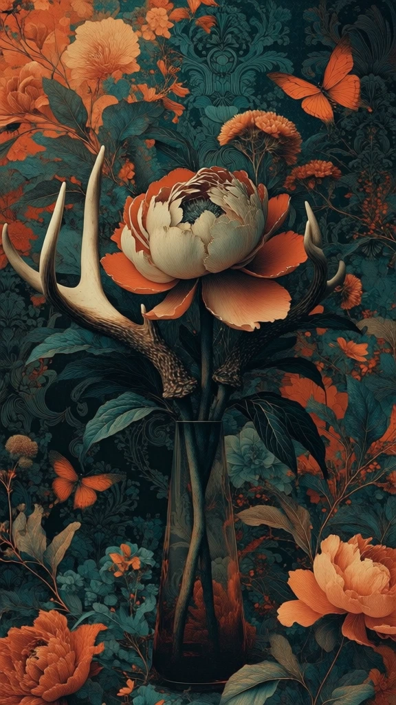 a singular ornate coral-orange peony with two polished ivory antlers emerging from its thick stem, positioned in a slender tall glass vase, surrounded by a dense maximalist tapestry of moody teal botanical foliage and dark emerald leaves, intricate damask patterns ghosted in the shadows, floating orange butterflies, flat layered depth-of-field, rich paper-grain texture, matte painterly finish, high-contrast saturated palette, contemporary botanical illustration style