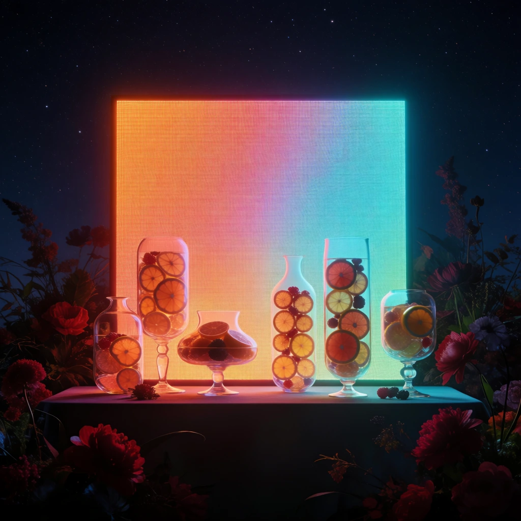 surreal cinematic scene, a large glowing square led pixel grid background featuring a vibrant orange to cyan gradient, set under a dark starry night sky, elegant glass vessels filled with translucent sliced citrus and berries sit atop a dark table in the center, the glass and fruit are beautifully backlit by the digital screen creating a soft internal glow, dark lush red flowers and botanical foliage frame the bottom and sides, moody ethereal lighting, high contrast, hyper-realistic cgi
