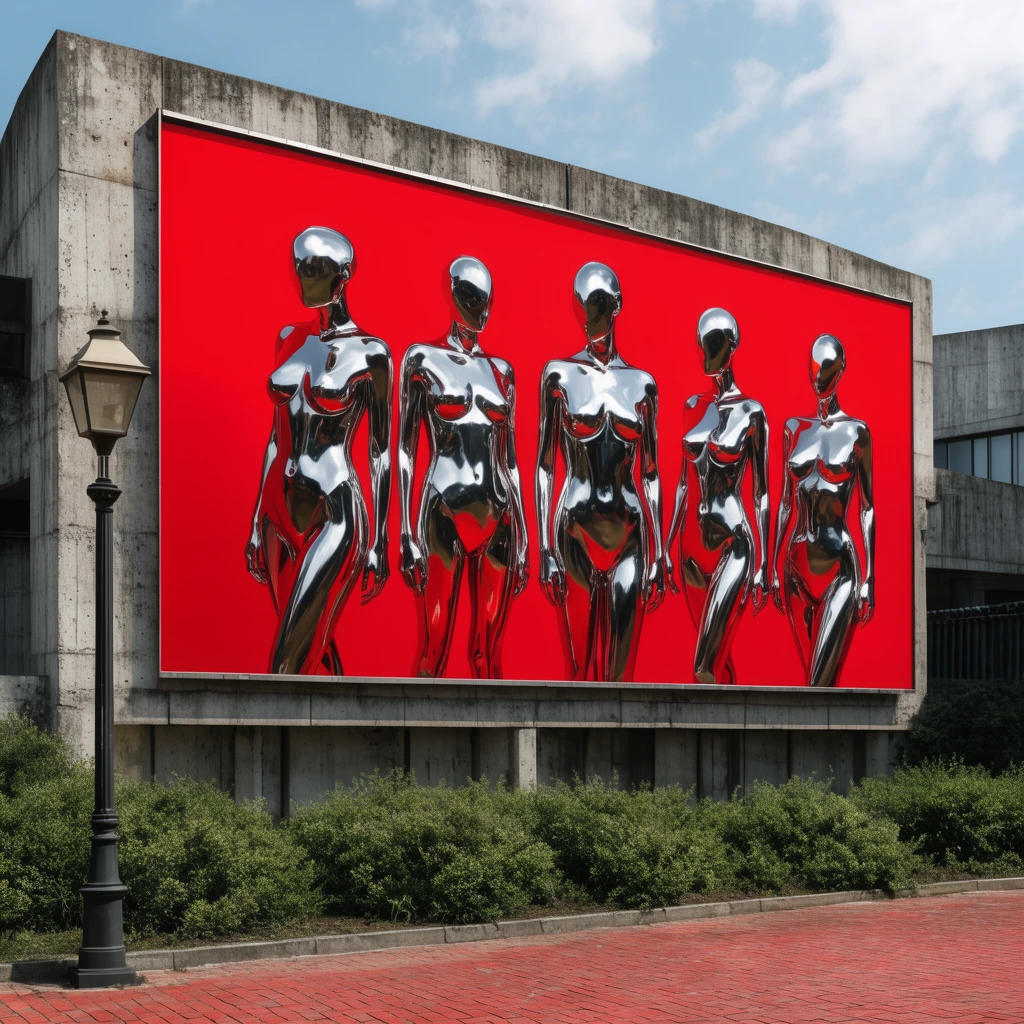 large red billboard on a brutalist concrete building, five reflective chrome humanoids posing against a solid red backdrop, vintage street lamp, green shrubs, red brick pavement, bright daylight