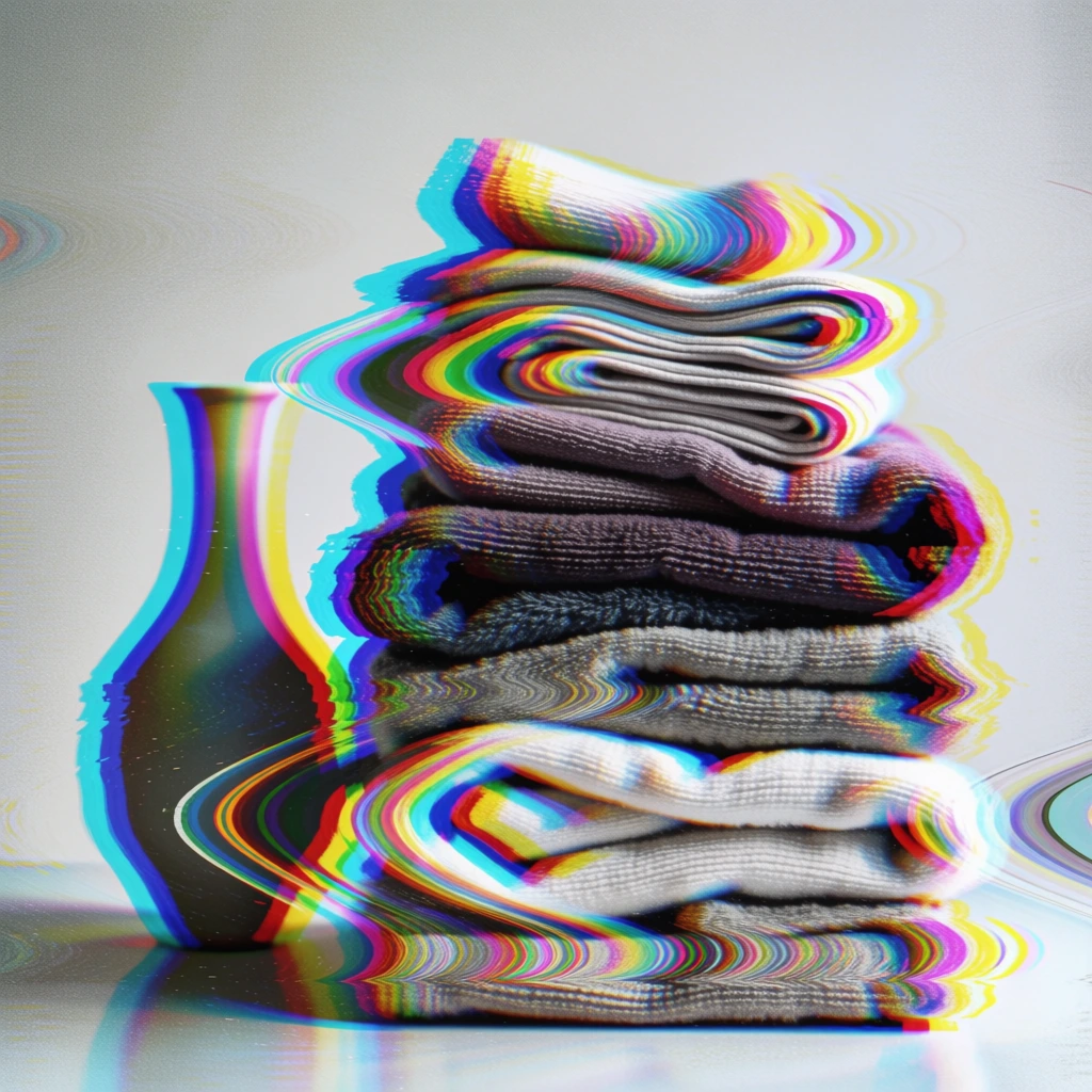 a stack of folded fabric items on the right and a smooth curved vase to the left against a plain background, all distorted by extreme analog video glitch aesthetics, wavy slit-scan warping, horizontal scanline shearing, intense prismatic chromatic aberration, vibrant rainbow spectral leaks, high-frequency digital noise, grainy moiré patterns, desaturated metallic tones, blurred motion artifacts, and a raw lo-fi texture inspired by low-fidelity signal interference