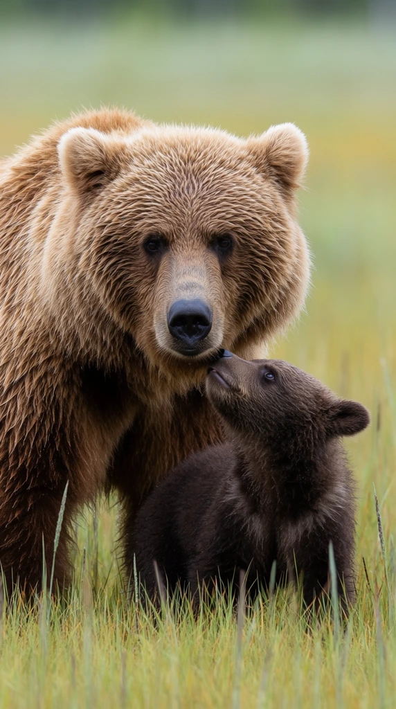 large adult brown bear and small dark brown cub in a grassy meadow, adult bear with wet textured light brown fur looking forward, fluffy dark brown cub looking up to touch its nose against the adult's chin, tall green and yellow grass surrounding their legs, soft overcast natural daylight, shallow depth of field, soft blurred green background, sharp focus on facial details and fur textures, telephoto wildlife photography