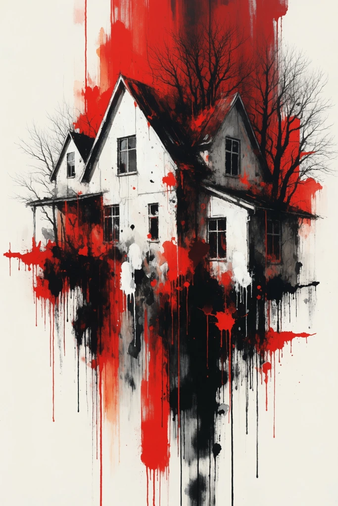 An abstract graphic illustration of a fragmented white house with gabled roofs, intertwined with dark silhouettes of bare trees. The composition uses aggressive vertical brushstrokes and ink drips in deep black, vivid crimson, and stark white. The architecture dissolves into vertical smears at the base, floating centrally against an off-white background. It blends rigid geometric architecture with chaotic, dripping ink wash styles.