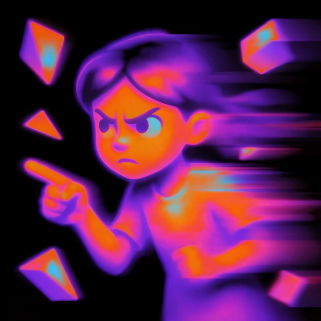 An angry girl with a furrowed brow pointing her extended finger amid scattered geometric shapes, entirely rendered in a high-contrast, simulated thermal imaging aesthetic against a pitch-black void. The girl and the surrounding shapes glow with intense false-color gradients, featuring radiant neon orange cores that transition outward into vibrant magenta and deep, saturated purple borders, sharply accented by bright cyan highlights at the densest focal points. An aggressive horizontal motion blur sweeps across the composition, violently smearing the rightward edges of the girl and the shapes into elongated, databent streaks of purple and magenta light bleeding across the dark canvas. The image exhibits a soft, luminous, glitch-art texture, defined by stark neon luminescence, continuous heat-map color shifts, and a heavily stylized, smeared visual distortion.