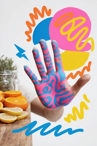 Graphic Pop Collage style reference image — graphic doodle overlay