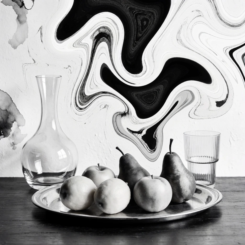 high-contrast black and white monochromatic still life, metal tray with fruit and glass vessels on a table, extreme fluid distortion with warped liquified effects, sinuous wavy contours mimicking oil on water, nested topographical textures within deep black ink-like pools, organic morphing shapes against a stark white background, rippled undulating forms, surreal abstract aesthetic, vertical orientation, fine marbled line work, ink wash gradients, high-key lighting.