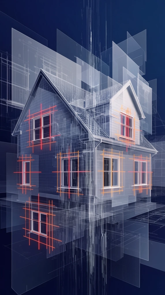 A residential house with multiple windows rendered in a complex, layered architectural visualization style featuring overlapping wireframes and translucent geometric panes against a deep navy blue background. The main structure of the house is defined by intricate white and faint blue 3D wireframe meshes, fragmented structural overlays, and semi-transparent solid planes. Several rectangular windows dot the facade, their structural geometry extending outward as glowing neon orange and crisp red schematic axis lines that project into the surrounding space. The environment is an abstract, spatial drafting grid constructed from floating architectural plans, orthogonal lines, and transparent, overlapping rectangular panels that create a complex double-exposure effect. Vertical digital interference streaks in bright white and faint grey cascade down through the center of the building's form. The composition utilizes a deconstructivist mix of flat 2D blueprint schematics, translucent technical overlays, and 3D isometric perspectives. The color palette pairs deep, atmospheric indigo and cool grey gradients with striking, high-contrast neon red and crisp white vector-like drafting lines. The lighting is artificial and luminescent, highlighting the precise, high-end digital rendering techniques, volumetric transparency, and CAD-style structural integration.