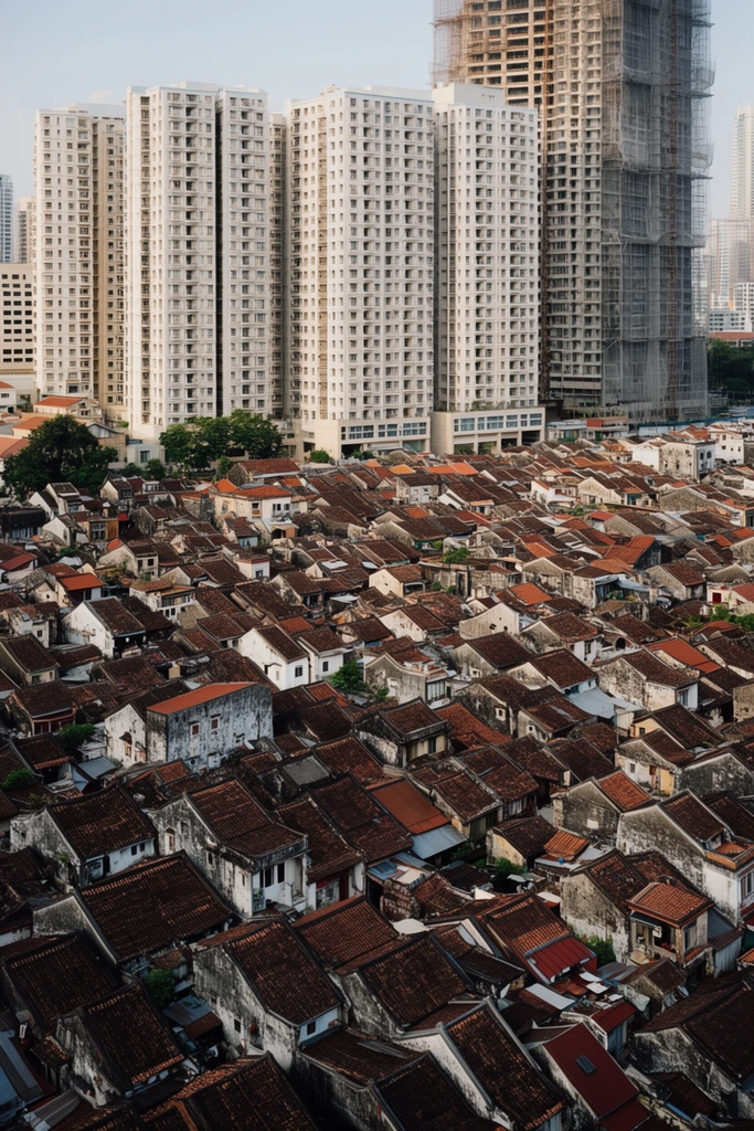 A sprawling high-angle cityscape contrasting a dense expanse of low-rise historical architecture with towering modern skyscrapers. The foreground features tightly packed traditional houses with dark reddish-brown terracotta roofs, weathered white facades, and narrow alleyways. Looming directly behind this heavily textured settlement is a massive wall of pale, grid-like high-rise apartment blocks and a towering construction site wrapped in scaffolding. The realistic documentary-style photograph uses natural daylight to emphasize the stark juxtaposition of scale, era, and architectural density.