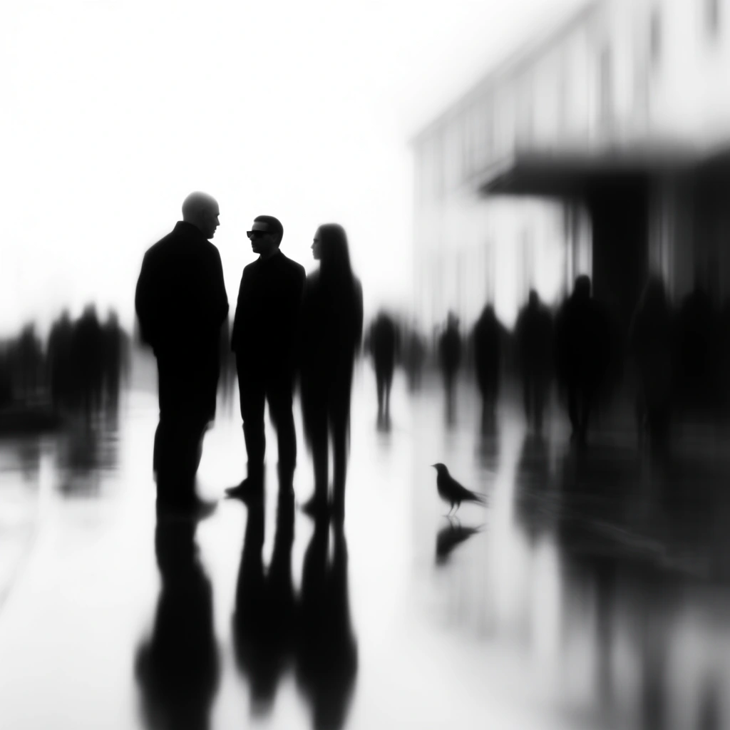 A bald man, a man wearing sunglasses, and a woman stand together outside a building alongside other people and a bird, all rendered as stark, inky black silhouettes against a blown-out, pure white background in a high-contrast black and white photographic style. The entire composition is heavily distorted by an intense vertical motion blur, stretching the architectural forms of the building and the figures into soft, ethereal vertical smears of black that bleed into the bright white environment. The slick, mirror-like ground reflects the heavy dark shapes of the central group, the surrounding crowd, the bird, and the building, pulling elongated, vertically blurred shadows deep into the bright foreground. Overwhelming, diffused backlighting reduces all subjects to pure, textureless shadow shapes, emphasizing the smooth curve of the bald man's head, the sharp geometric profile of the sunglasses, and the abstract, elongated forms of the woman, crowd, and bird through atmospheric, soft-edged contrast in a minimalist aesthetic.