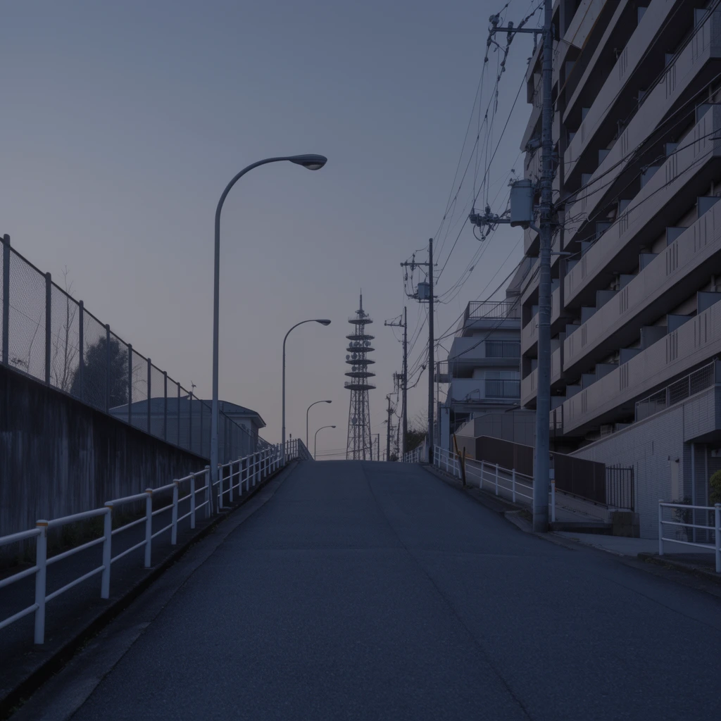 An empty paved road slopes upward through an urban neighborhood at dusk. A concrete wall with a chain-link fence and white metal railings borders the left side. A multi-story apartment block with recessed balconies stands on the right. Utility poles and curved streetlamps line the street. The road crests toward a distant, tiered lattice communications tower silhouetted against a pale twilight sky. The wide-angle shot features flat, dim lighting and a muted, cool color palette of grays and blues.