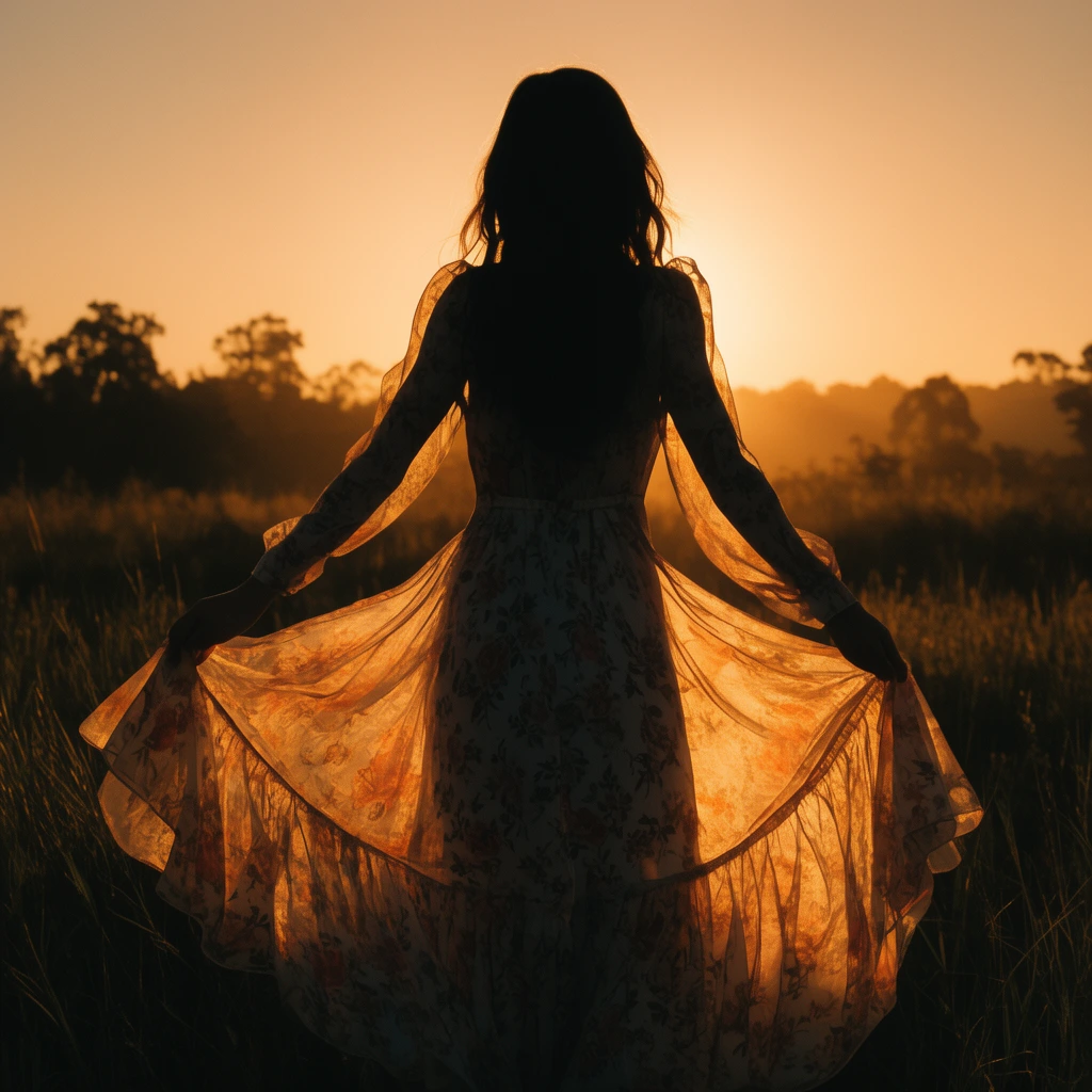 silhouette of woman facing away holding out sheer floral dress, golden hour backlighting illuminating flared fabric, tall grassy field, distant trees, warm amber sky, cinematic photography