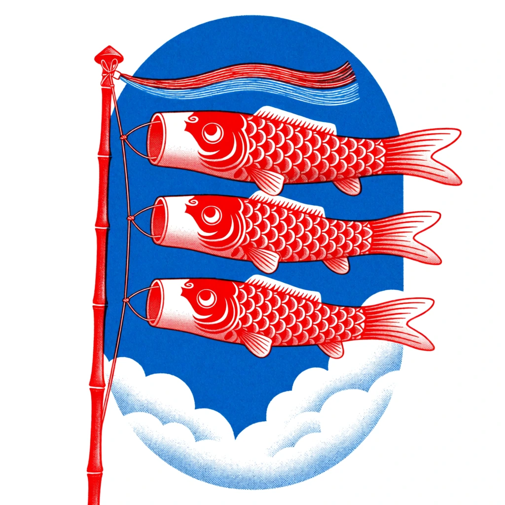 Three red koi windsocks flutter horizontally from a red bamboo pole. The fish feature intricate stippled scales, wide eyes, and white bellies, tethered by strings at their open mouths. Red and blue tassels stream from the pole's peak. The scene is framed within a vertical pill shape against a royal blue sky with fluffy white clouds at the base. The graphic illustration employs a retro risograph aesthetic with prominent halftone shading and a bold, limited palette of vivid red, bright blue, and crisp white.