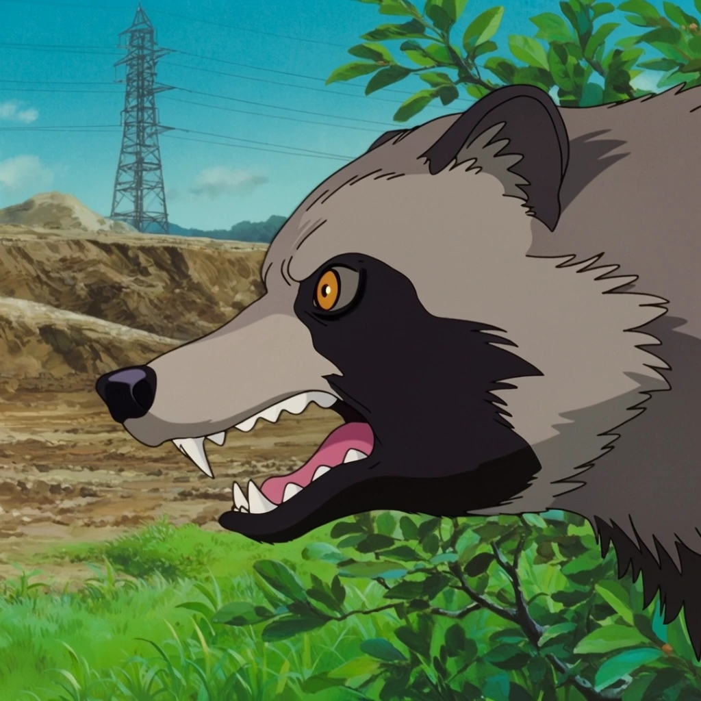 A snarling raccoon dog in profile dominates a traditional 2D animated frame, featuring a thick grey coat, a dark black facial mask, and a glaring amber eye. Its open jaws reveal pointed teeth and a pink tongue. Bright green grass and leafy branches frame the animal in the immediate foreground. The environment behind the creature abruptly transitions to a barren, excavated dirt terrain. A tall metal electrical transmission tower stands in the distance against a clear blue sky with faint white clouds, contrasting organic vegetation with the dug-up earth through crisp cel shading and flat colors.