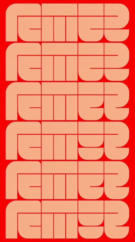 A vibrant crimson red rectangular canvas dominated by six tightly stacked horizontal rows of massive, light peach-colored geometric shapes. The dense blocky forms feature rigid vertical lines, thick horizontal bars, and heavy curving loops arranged in an edge-to-edge pattern separated by extremely narrow red gaps. The composition is entirely flat and two-dimensional, utilizing a strict high-contrast duotone palette of solid colors. These monumental, interlocking graphic elements command the visual space, creating a bold optical effect through their dense spacing and aggressive, screen-filling scale.