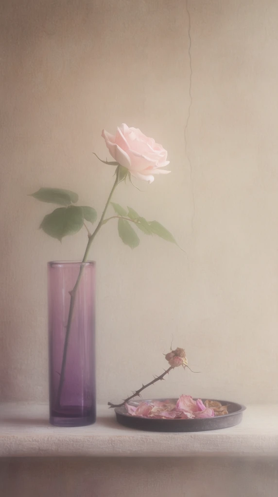 single pale pink rose in a tall slender translucent purple glass vase, bent green stem with leaves, resting on a light textured shelf, adjacent to a small shallow dark tray holding scattered dried pink petals and a bare thorny stem with a withered bud, beige textured wall background with a faint vertical crack, minimalist still life composition, ethereal soft focus, hazy diffused lighting, muted pastel color palette, fine art photography, soft painterly texture
