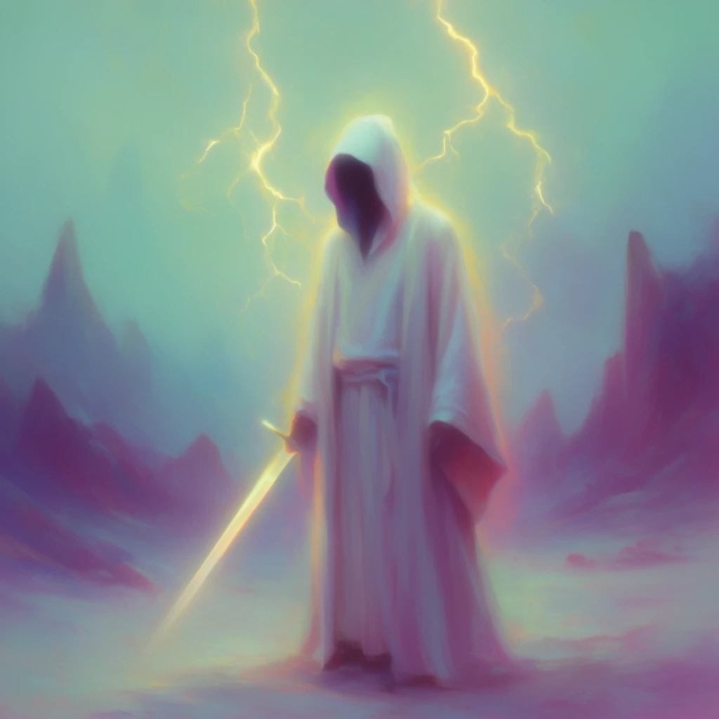 hooded figure in flowing white robes holding a glowing sword, face obscured by dark shadow, luminous yellow lightning crackling in the background, ethereal misty landscape with jagged peaks, impressionistic digital painting, soft hazy focus, glowing aura, teal and magenta palette