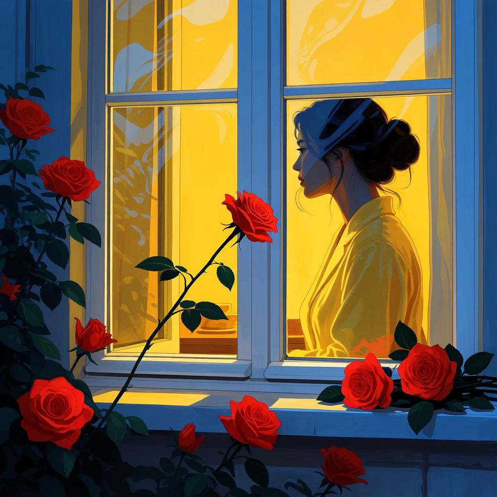 A woman with dark hair tied in a neat bun is seen through a window at night, illuminated by a warm yellow light that contrasts sharply against a deep blue exterior. The woman wears a bright yellow garment and is positioned in profile, looking away from the camera toward the left. She is framed by a white double-paned window, the inner edges of which are catching the golden interior light. Several vibrant red roses with dark green leaves are prominent in the foreground; a cluster of four roses grows along the bottom left corner, one long stem reaches upward toward the woman's silhouette, and a single rose rests on the right-hand windowsill. To the left of the window, a dark brick wall is visible, shrouded in shadow. Through the glass, the background reveals a street scene at night, with the silhouettes of buildings and window panes across the way rendered in monochromatic shades of cyan and navy blue. The lighting creates a dramatic chiaroscuro effect, with high saturation in the primary colors of red, yellow, and blue. The composition uses the window as a frame within a frame, emphasizing a cinematic and moody atmosphere through its use of high-contrast lighting and a limited color palette.