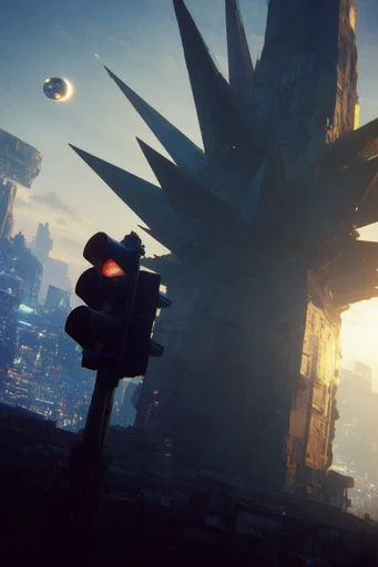 Monolithic Industrial Futurism style reference image — golden hour atmospheric haze