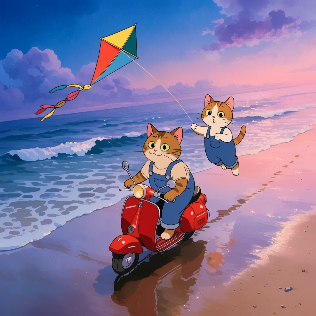 Classic 2D animation style, isometric high-angle shot, anthropomorphic cat riding a vintage red scooter on a tranquil beach, second cat flying a colorful kite, wearing blue denim overalls, shimmering wet sand reflecting a twilight sky gradient from deep blue to soft pink, fluffy violet clouds, gentle ocean waves, warm evening lighting