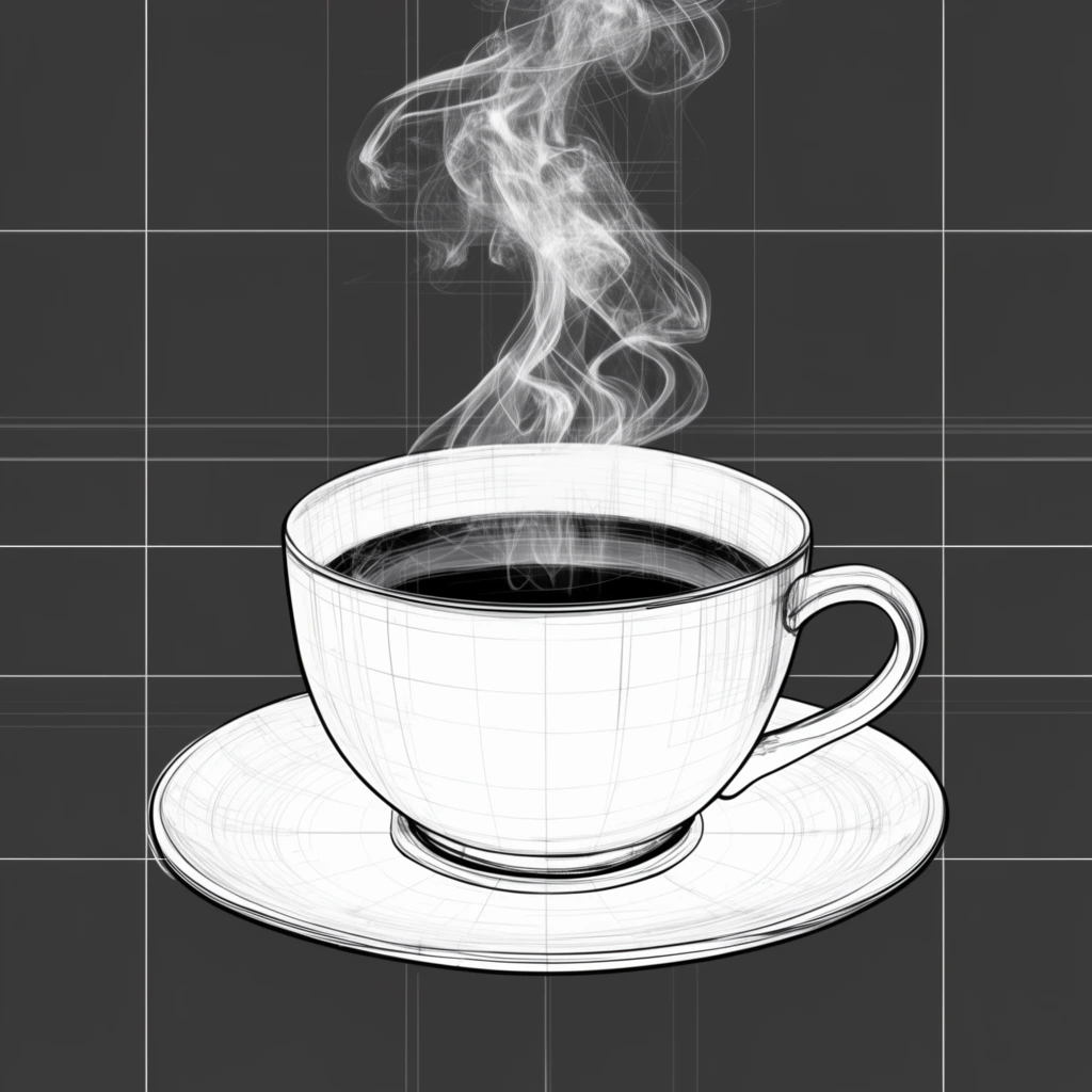 white cup and saucer with dark liquid, rising white steam, dark gray background, thin white grid lines, schematic diagram aesthetic, technical blueprint style, high contrast monochromatic