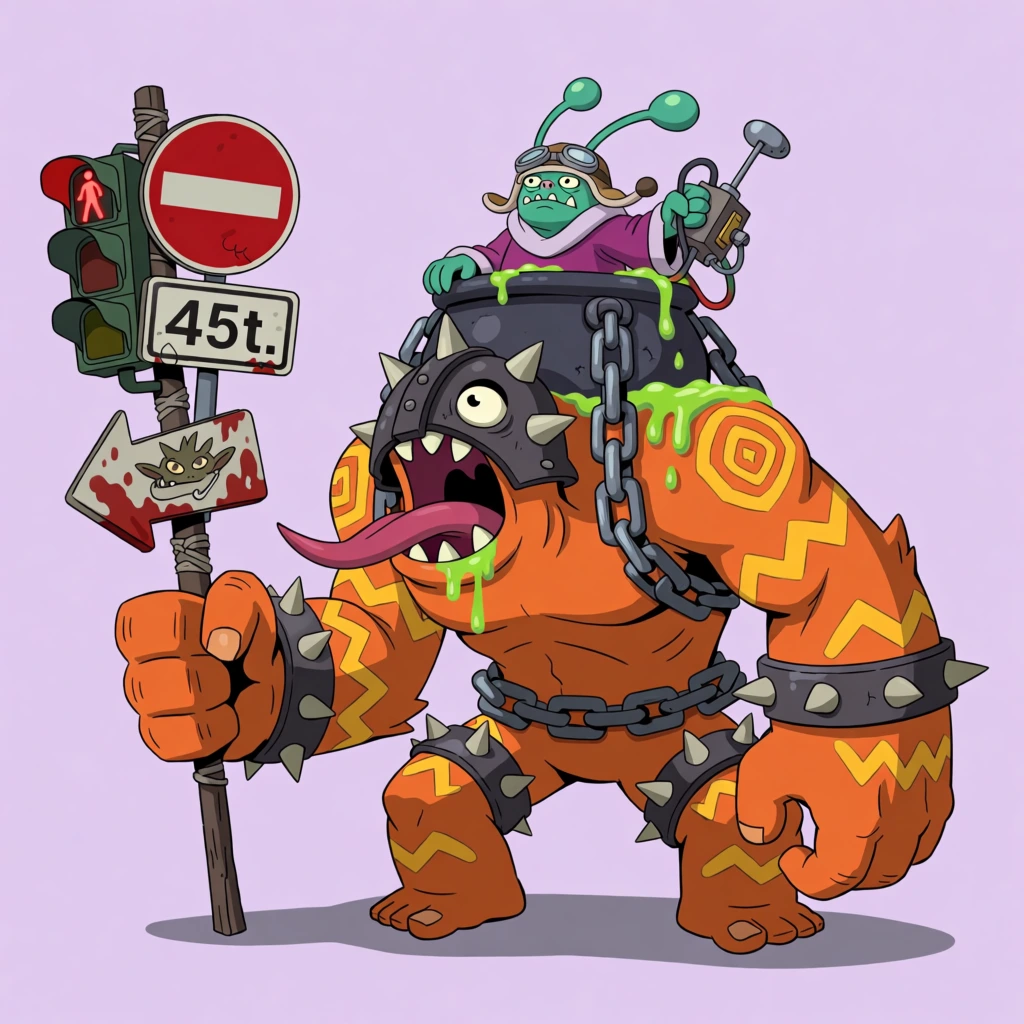 A large, muscular orange monster with yellow zig-zag and spiral body markings stands against a solid, pale purple background, carrying a small green creature in a cauldron on its back. The orange giant has a wide, open mouth with green slime dripping from its lower lip and a long, pointed pink tongue protruding to the left. It wears a dark, spiked metal helmet that covers the upper portion of its face, revealing only a wide-open eye and sharp teeth. Spiked metal bands are strapped to its thick forearms and thighs, and a heavy metal chain encircles its waist. In its oversized left hand, the creature grips a tall makeshift staff constructed from urban debris, including a traffic signal showing a red pedestrian, a circular red "No Entry" sign with a horizontal white bar, a rectangular white sign with black text "45t.", and a blood-stained arrow sign featuring a creature's face. A small, green-skinned creature with a purple robe and a brown aviator-style hat with two long bulbous antennas sits within a black metal cauldron. This cauldron is secured to the giant’s broad shoulders with thick metal chains and bolts, with green liquid spilling over the edges and onto the giant’s skin. The green creature holds a mechanical device with wires and a lever. This 2D digital illustration features a cartoonish character-design style with bold black outlines, cel-shading, and a flat color palette.