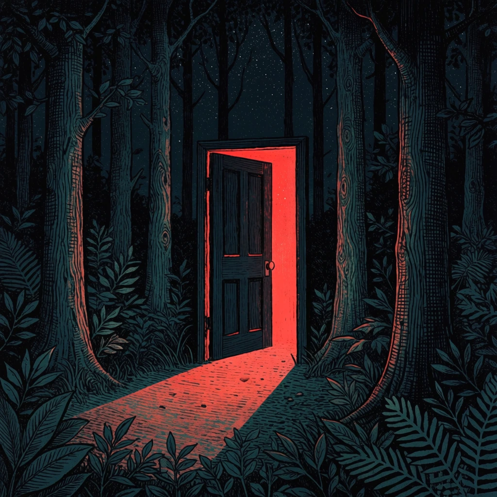 An open door stands in the center of a dark, dense forest, emitting a brilliant red glow that spills out onto the ground. The door is a dark, paneled wooden structure with a small round knob, positioned slightly ajar to reveal a solid, vibrant red light emanating from the space beyond it. This light casts a sharp, rectangular beam across the textured forest floor, extending toward the bottom left foreground. Surrounding the door are several tall, slender tree trunks with detailed, vertical wood grain and cross-hatched bark patterns, rendered in shades of dark teal and black. The forest floor is thick with layered foliage, including pointed leaves and broad ferns that are silhouetted against the dark background. Above the trees, the sky is a deep midnight blue, speckled with fine white dots that resemble distant stars. The artistic style is a high-contrast illustration reminiscent of a woodcut or screen print, using a limited color palette dominated by cool teals and blacks, which makes the warm, saturated red of the doorway the primary focal point. The composition is centered and symmetrical, with the trees framing the doorway, while the lighting is surreal and atmospheric, originating solely from the mysterious interior of the door.