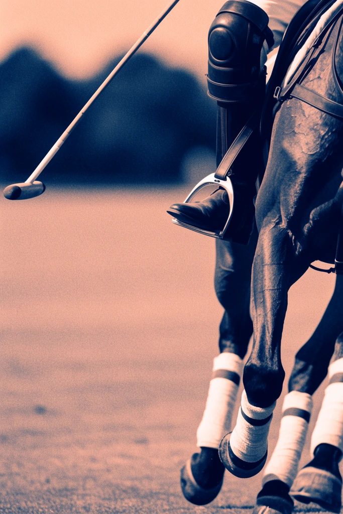 tight crop of a polo player on a galloping horse, dark leather riding boot in a metal stirrup, horse's muscular front legs featuring white protective wraps, thin polo mallet extending diagonally, stark asymmetric composition, expansive negative space on the left, blurred flat field and silhouetted trees in the background, high contrast duotone palette of deep navy and soft peach, pronounced film grain, coarse halftone texture, vintage photographic aesthetic, shallow depth of field