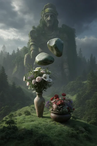 Mythic Overgrown Romanticism style reference image — cinematic high fantasy landscape