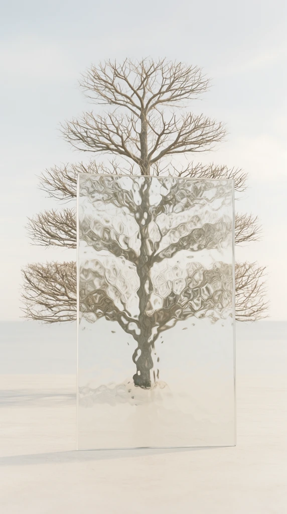 A leafless deciduous tree with symmetrical, tiered branches stands centrally on a flat, pale surface, visually fractured by a large, freestanding rectangular pane of thick, rippled architectural glass positioned in the immediate foreground. The deep, hammered texture of the transparent glass refracts the bare, structured branches behind it into undulating, liquid-like waves within the distinct borders of the clear rectangular frame, while the outer branches extending beyond the glass edges maintain their crisp, precise geometric symmetry. The surrounding environment is a minimalist, expansive landscape bathed in soft, diffused natural daylight, featuring a pale, seamless ground plane meeting a washed-out, light blue-grey sky at a faint horizontal line. The composition utilizes a highly muted, high-key color palette dominated by soft creams, off-whites, and pale greys, emphasizing the sharp textural contrast between the intricate, structured organic form of the tree and the heavy, physical optical distortion of the foreground glass barrier.