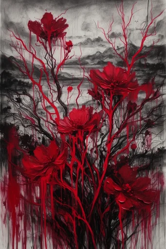 Raw Crimson Expressionism style reference image — frenetic scribbles